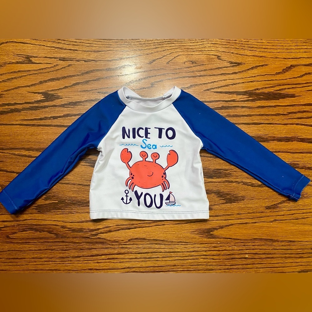 Baby Boy 9-12m Blue White Rash-Guard Long Sleeve Swim Shirt Nautical Crab